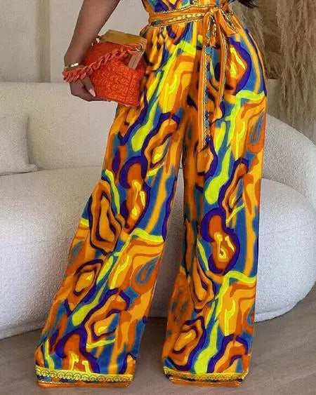 Wide Leg Jumpsuit with Multi-Color Abstract Print