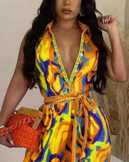 Wide Leg Jumpsuit with Multi-Color Abstract Print
