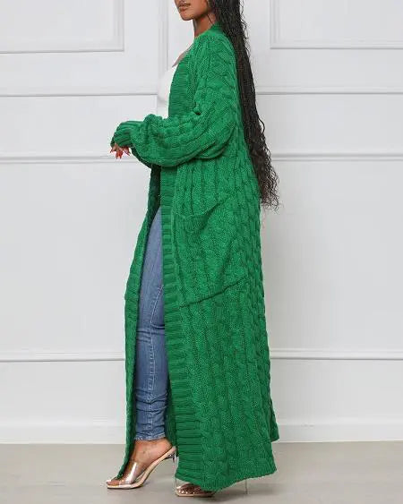 Lang kabelgebreid vest met open voorkant 