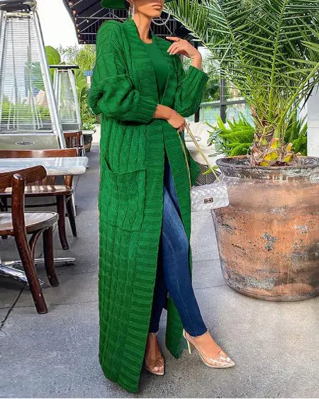 Lang kabelgebreid vest met open voorkant 