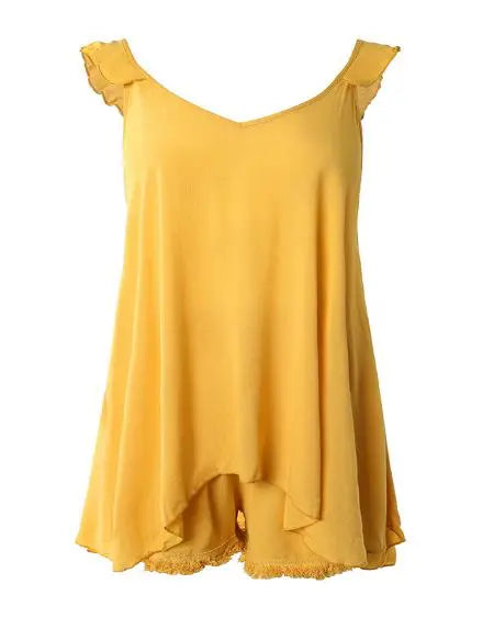 Plus Size Set: Flutter Sleeve Tank Top & Raw Hem Shorts