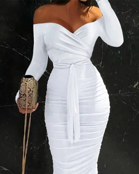 Bodycon-jurk: off-shoulder vastgebonden en ruchesdetail 