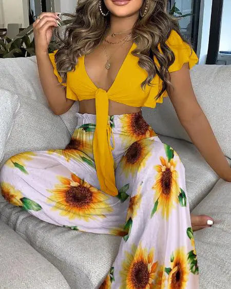 Tie Front Top & Pants Set with Sunflower Print
