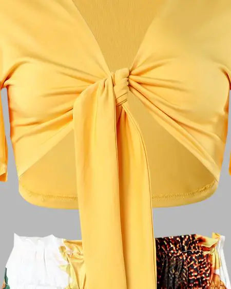 Tie Front Top & Pants Set with Sunflower Print