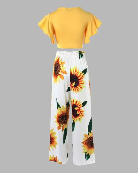Tie Front Top & Pants Set with Sunflower Print