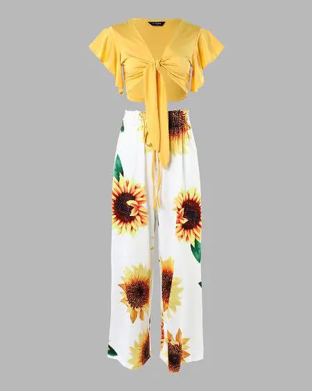 Tie Front Top & Pants Set with Sunflower Print
