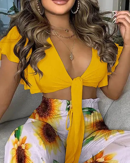 Tie Front Top & Pants Set with Sunflower Print