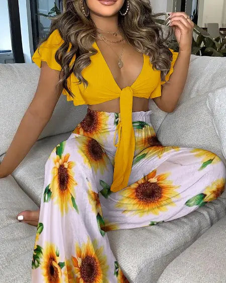 Tie Front Top & Pants Set with Sunflower Print