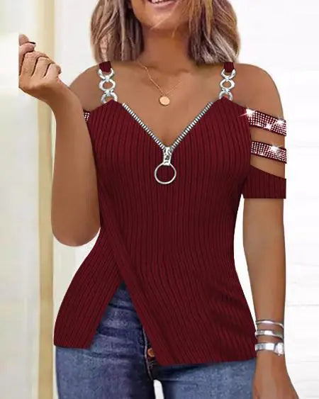Cold Shoulder Top with Rhinestone & Zipper Details