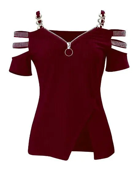 Cold Shoulder Top with Rhinestone & Zipper Details