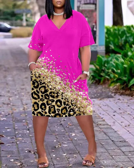 Plus Size Casual Dress with Leopard Print & Pockets