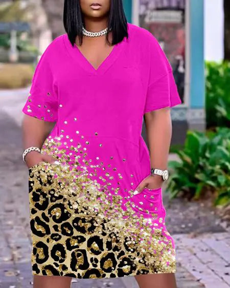 Plus Size Casual Dress with Leopard Print & Pockets