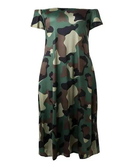 Grote maten camouflage maxi-jurk met off-shoulder snit 