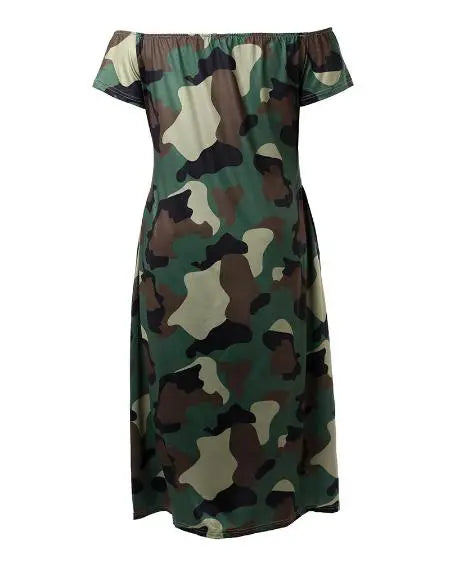 Grote maten camouflage maxi-jurk met off-shoulder snit 