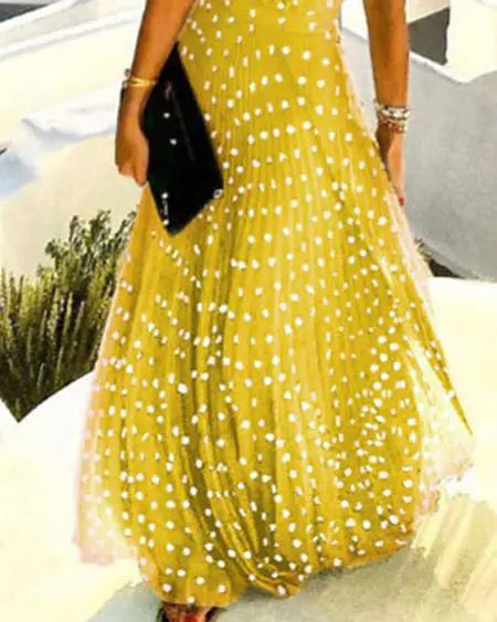 Pleated Maxi Dress with Polka Dot Design