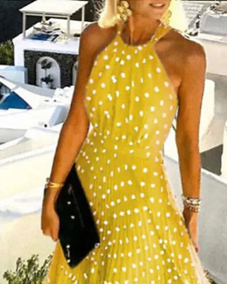 Pleated Maxi Dress with Polka Dot Design