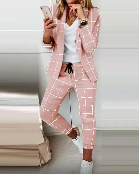Plaid Blazer & Pants with Drawstring