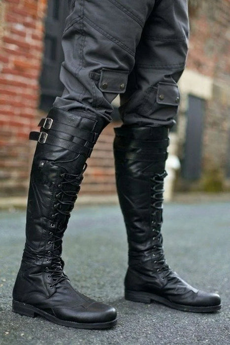 Men's Medieval Style Knee High Boots - Rugged Cross Strap Lace-Up Shoes for Every Season