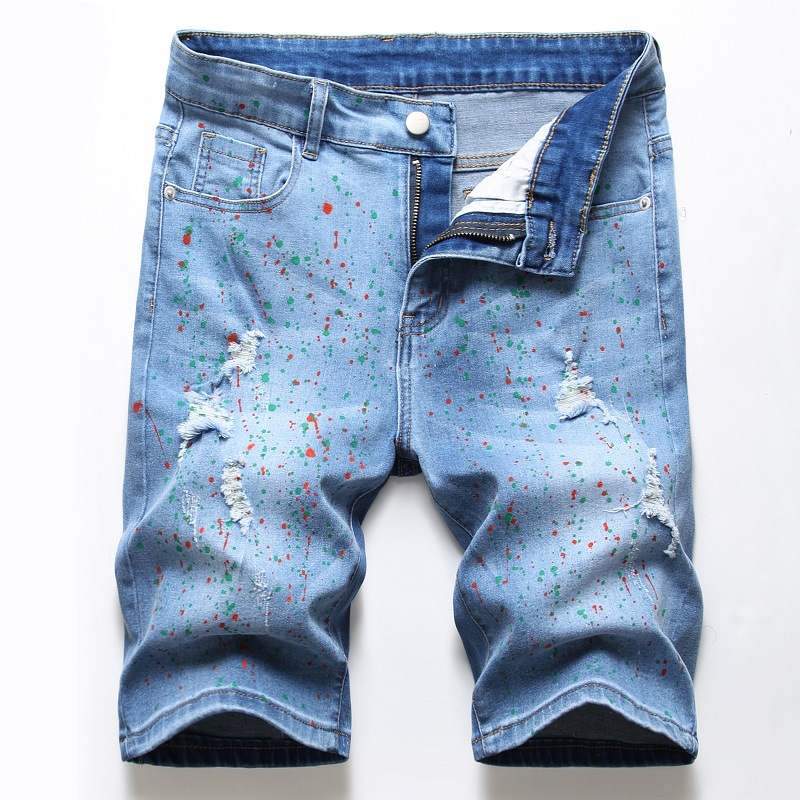 Denim short met verfspray