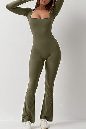 Mono elegante de pierna ancha y manga larga para mujer: mameluco de cuello cuadrado de longitud completa 