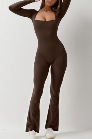 Elegant Wide Leg Long Sleeve Jumpsuit for Women: Full-Length Square Neck Romper