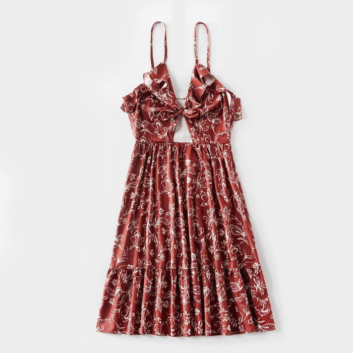 Mommy and Me Floral Print Ruffle Hollow-carved Tank Dresses