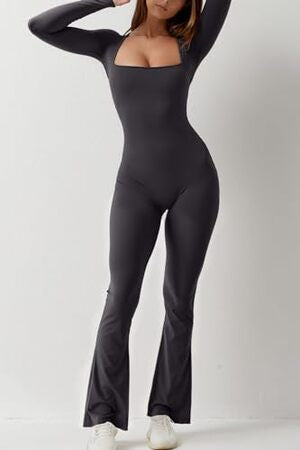 Elegant Wide Leg Long Sleeve Jumpsuit for Women: Full-Length Square Neck Romper