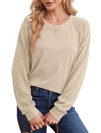 Elegant Women's Sweatshirt - Sophisticated Crewneck with Cable Knit Sleeves