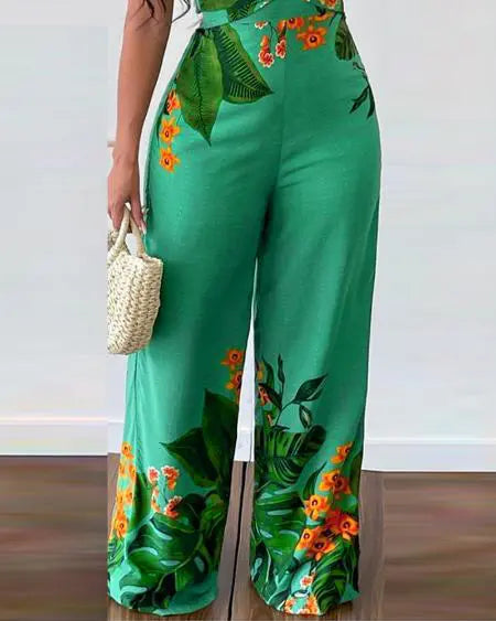 Tropical Jumpsuit with Plunge Neck & Twist Design