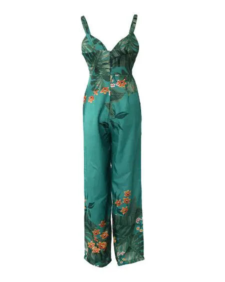Tropical Jumpsuit with Plunge Neck & Twist Design