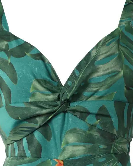 Tropical Jumpsuit with Plunge Neck & Twist Design