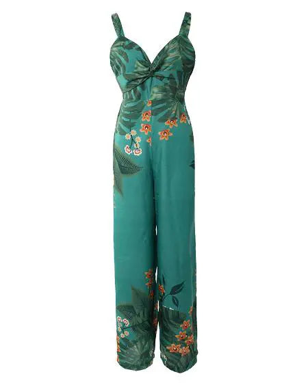 Tropical Jumpsuit with Plunge Neck & Twist Design