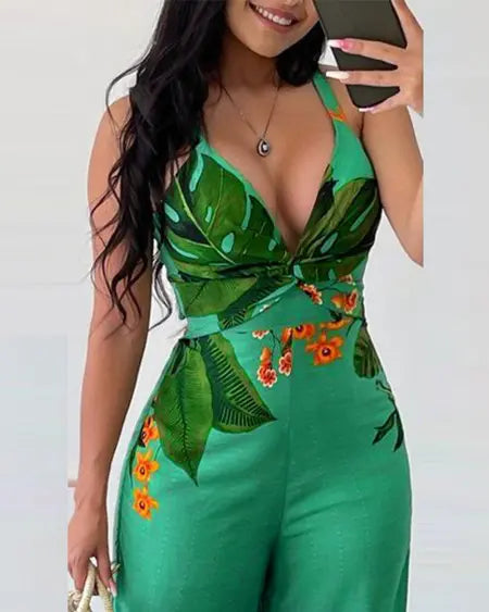 Tropical Jumpsuit with Plunge Neck & Twist Design