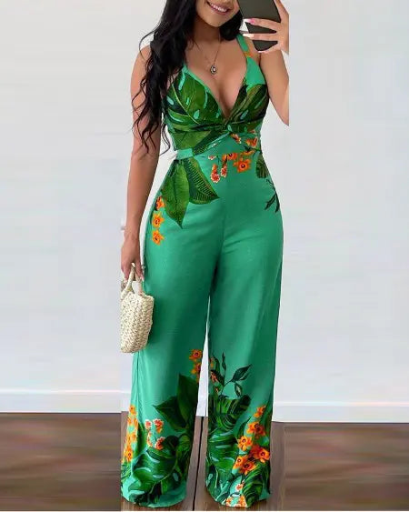 Tropical Jumpsuit with Plunge Neck & Twist Design