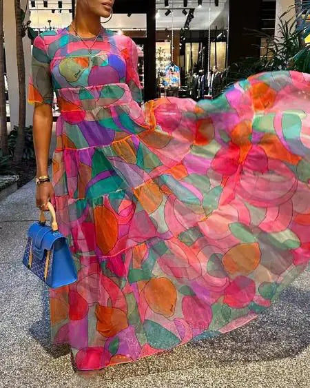 Maxi Dress with Short Sleeves & Fruit Design