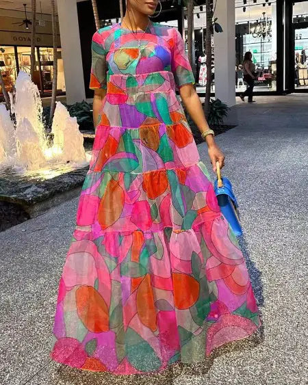 Maxi Dress with Short Sleeves & Fruit Design