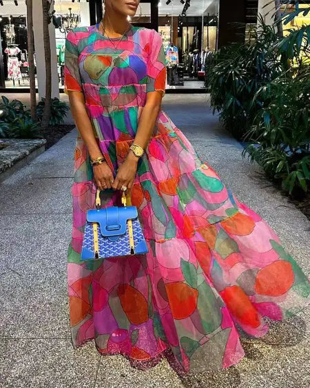 Maxi Dress with Short Sleeves & Fruit Design