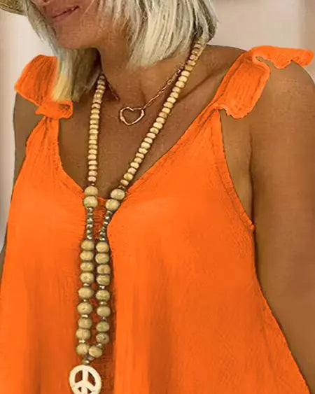 Plus Size Set: Flutter Sleeve Tank Top & Raw Hem Shorts