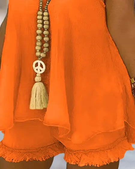 Plus Size Set: Flutter Sleeve Tank Top & Raw Hem Shorts