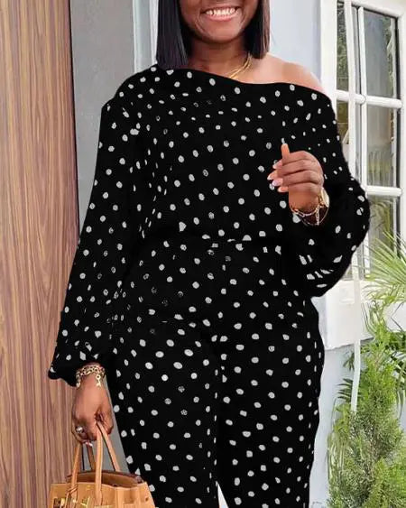 Lantern Sleeve Top & Pants Set with Polka Dot Design