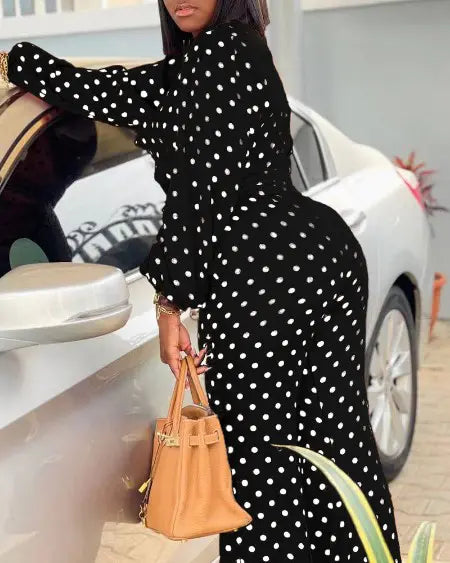 Lantern Sleeve Top & Pants Set with Polka Dot Design