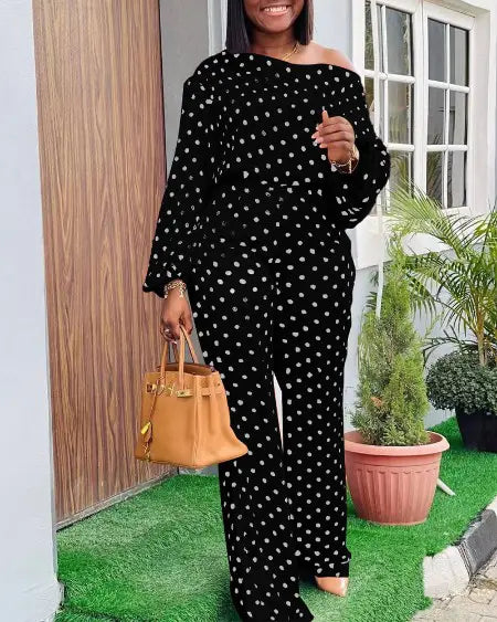 Lantern Sleeve Top & Pants Set with Polka Dot Design