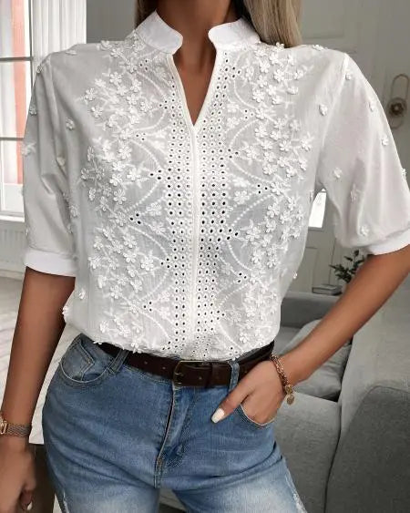 Half Sleeve Top with Floral Eyelet Embroidery Pattern