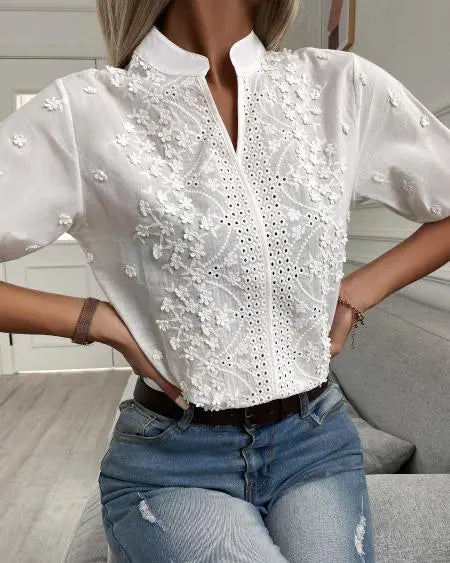 Half Sleeve Top with Floral Eyelet Embroidery Pattern