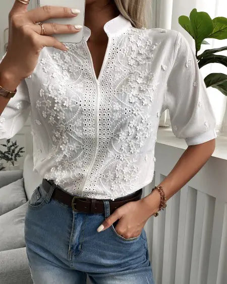 Half Sleeve Top with Floral Eyelet Embroidery Pattern