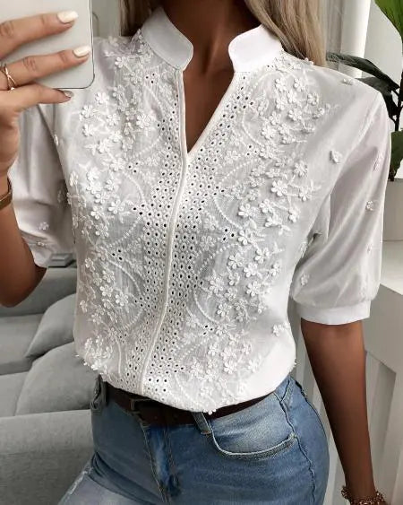 Half Sleeve Top with Floral Eyelet Embroidery Pattern