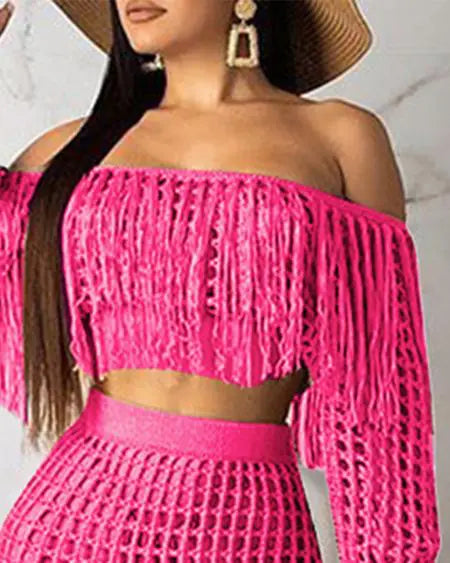 Crochet Beachwear: Mesh Top Skirt & Tassel Sets