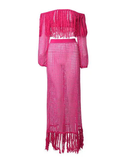 Crochet Beachwear: Mesh Top Skirt & Tassel Sets