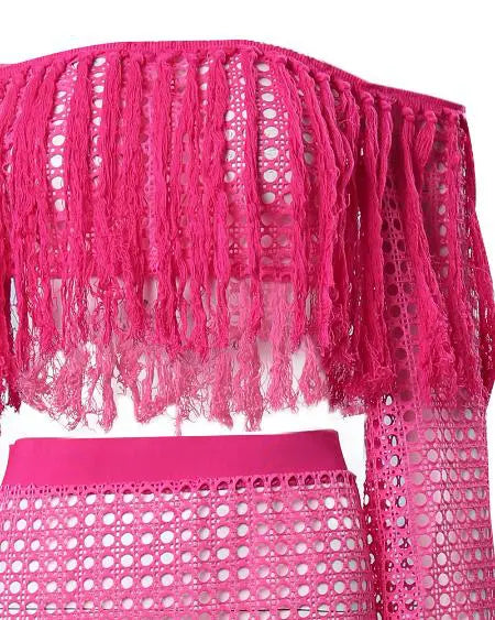 Crochet Beachwear: Mesh Top Skirt & Tassel Sets