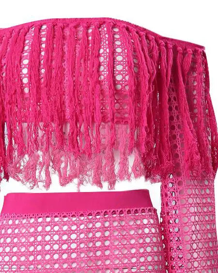 Ropa de playa de crochet: falda superior de malla y conjuntos de borlas 